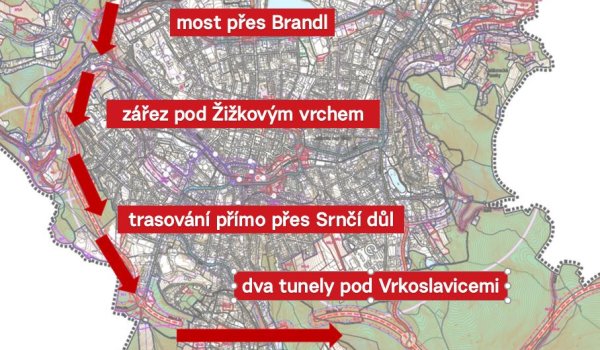 Trasa předpokládaného obchvatu Jablonce nad Nisou.