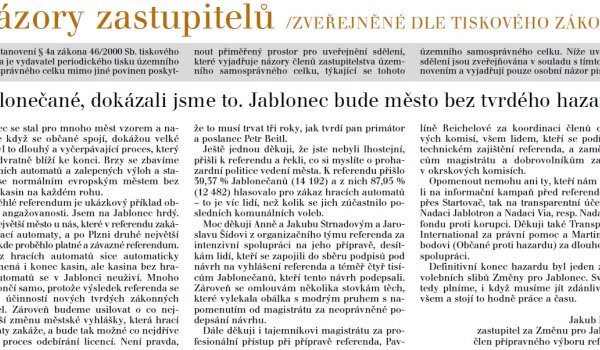 Jablonečané, dokázali jsme to. Jablonec bude město bez tvrdého hazardu